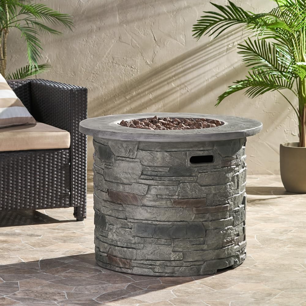 40000BTU Outdoor Propane Fire Pit Table– 31″ Round Weather‑Resistant Concrete Look Fire Table with Lava Rocks, Covered Tank Storage & Push‑Button Ignition for Patio Backyard Gatherings