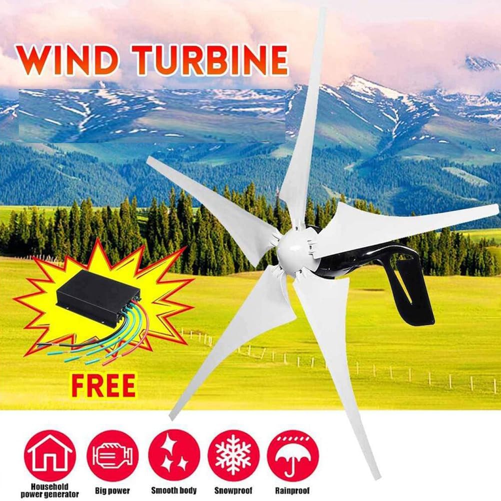 Low Noise Horizontal Wind Turbine Generator Set,2500W High Power Home Wind Turbine Kit 12V 24V 48V 220V with MPPT Controller (White- 5 Blades)