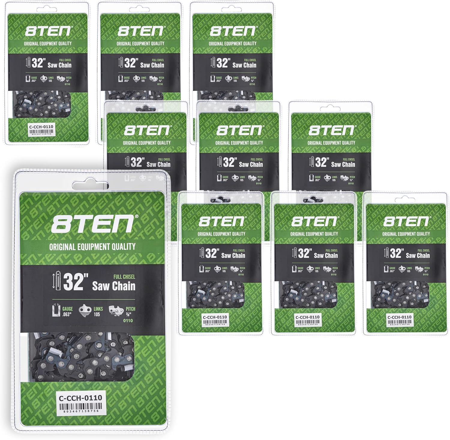 8TEN Full Chisel Chainsaw Chain 32 Inch .063 3/8 105DL For Husqvarna 372XP Poulan 475 Jonsered 2165 (10 Pack)
