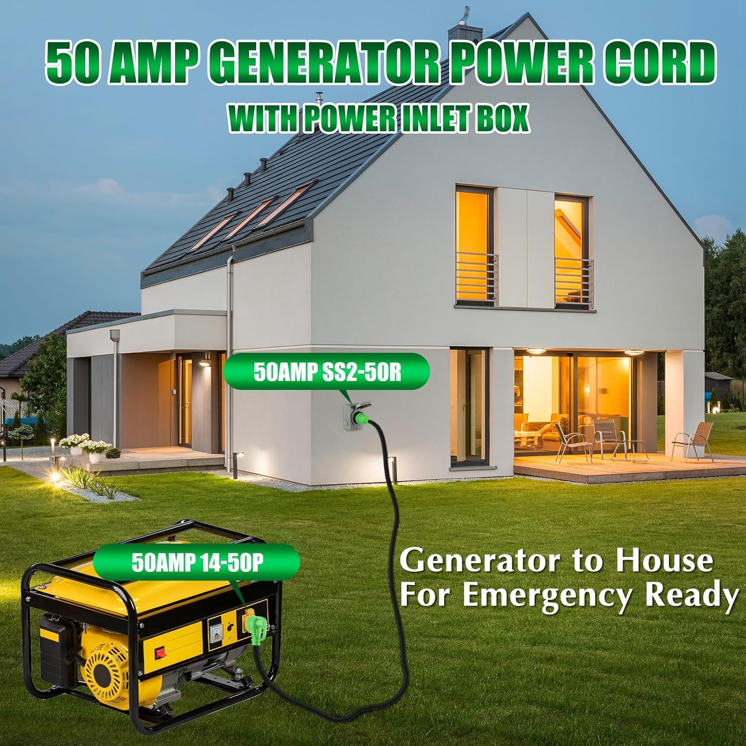 Gisafai 50 Amp 20FT Generator Cord and Pre Drilled Power Inlet Box Compatible with NEMA 14-50P to SS2-50R 125/250V Locking Connector with SS2-50P Generator Inlet Box to House, ETL Listed