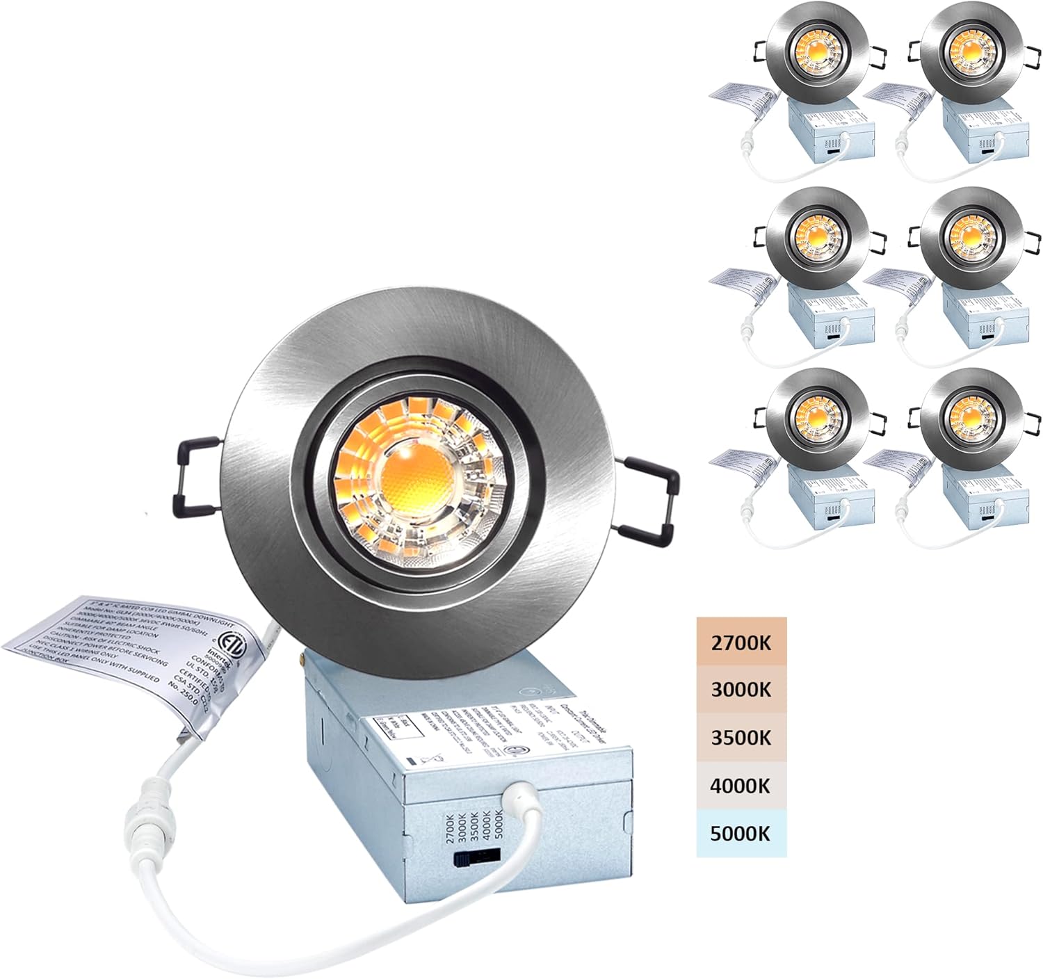 Premium Canless Recessed Gimbal Downlight Rotatable-Spotlight 5 CCT Eyeball Ceilling Potlight, Dimmable Lights Fixture with Junction Box, 8W CCT Adjustable (Brushed Nickel, 3 Inch)