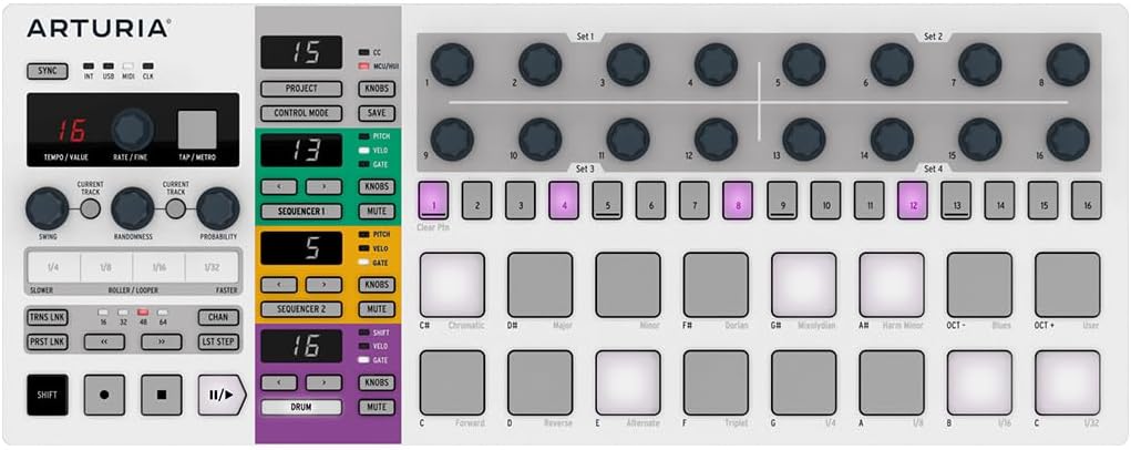 Arturia BeatStep Pro Controller and Sequencer — Aftertouch, Velocity Sensitive, With 2 Independent Melodic Sequencers, Drum Sequencer, 16 Drum Pads, MIDI/CV/Gate I/O and Music Production Software