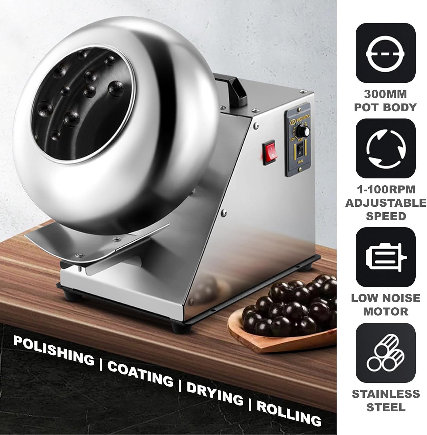 Sugar Coating Chocolate Polishing Machine | Electric Nuts & Food Drum Mixer | Chocolate Panning Machine with Hair Dryer | Stainless Steel Pot Body | Output:1-4kg/Time | Adjustable Speed