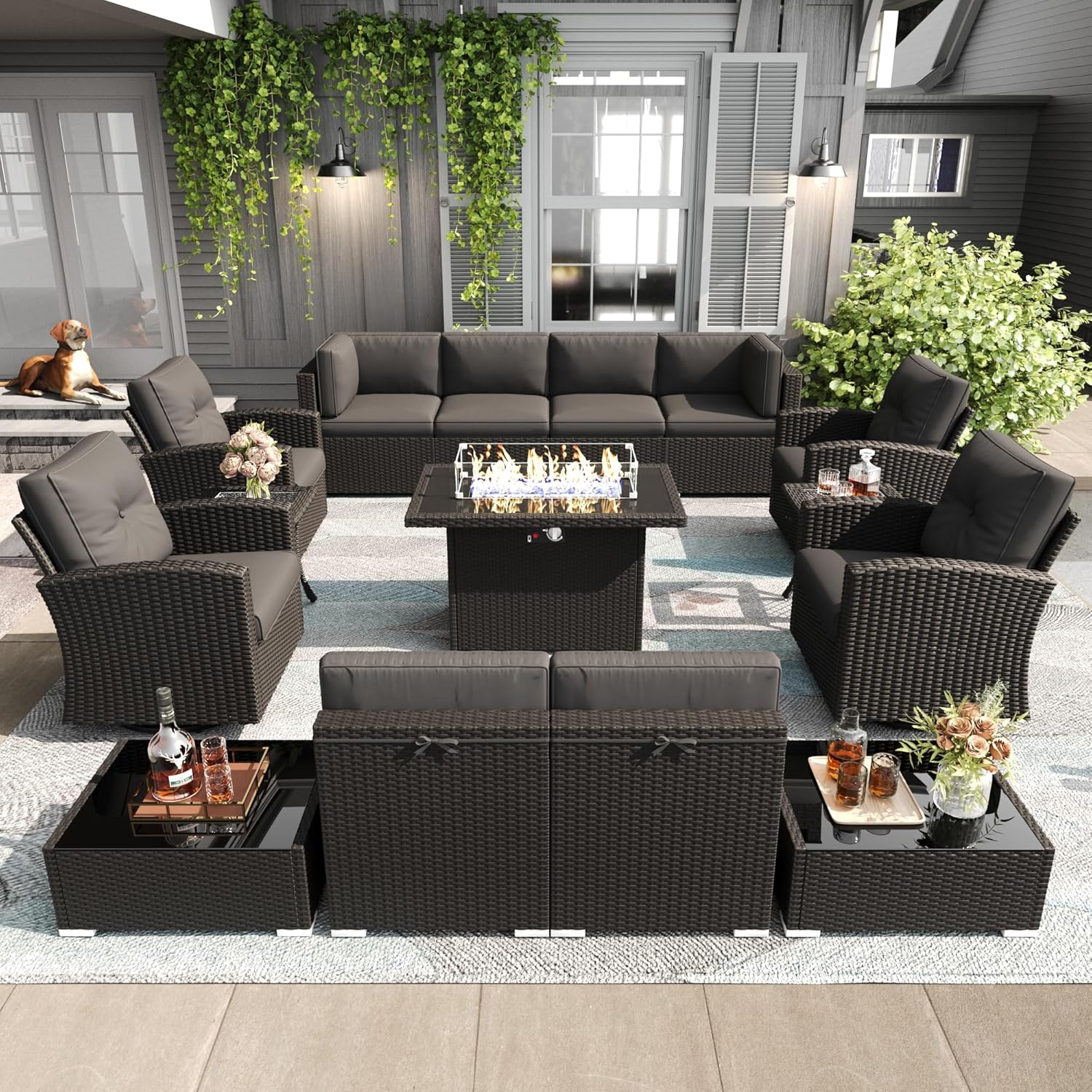 LayinSun 15 Pieces Patio Furniture Set with Fire Pit Table, Black Rattan Modular Sectional Outdoor Conversation Sofa Set, Swivel Rocking Chairs Set