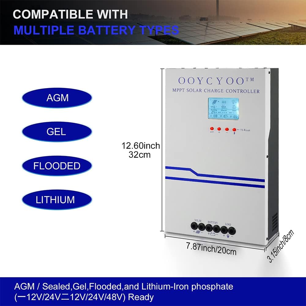 100 Amp MPPT Charge Controller MPPT 12V 24V 36V 48V Auto, 100amp Solar Charge Regulator Max 150V w/LCD Display Work with AGM, Gel, Flooded and Lithium, Max Input Power 5000W