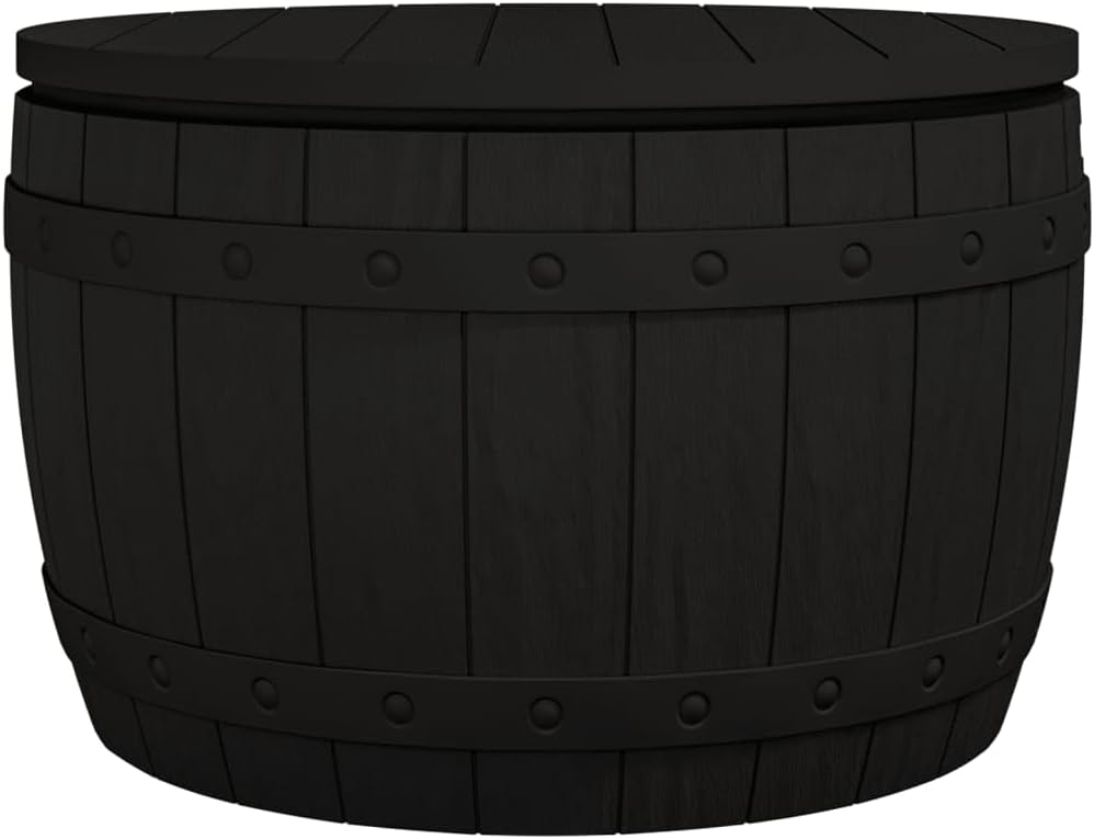 Round Deck Box, Outdoor Storage Box and Patio Table for Outdoor Cushion Storage, Pool Accessories, Outdoor Toys, Easy Assembly & Lightweight, Black 26.6