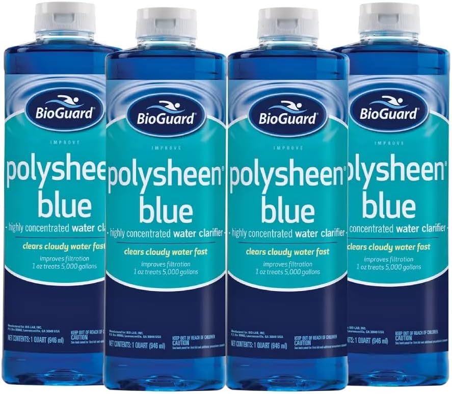 BioGuard Polysheen Blue Clarifier - 1 Quart, Pack of 4, Fast-Acting Formula & Highly Concentrated Water Clarifier, Effective for All Swimming Pool and Filter Types