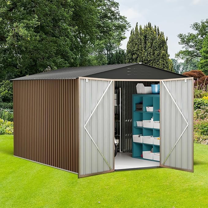 10 * 12ft Large Outdoor Storage shed, Metal Garden Shed with Ventilation Opening, Lockable, Suitable for Storing Tools, Furniture, in Yard and Farm, with Larger Storage Area (Brown)