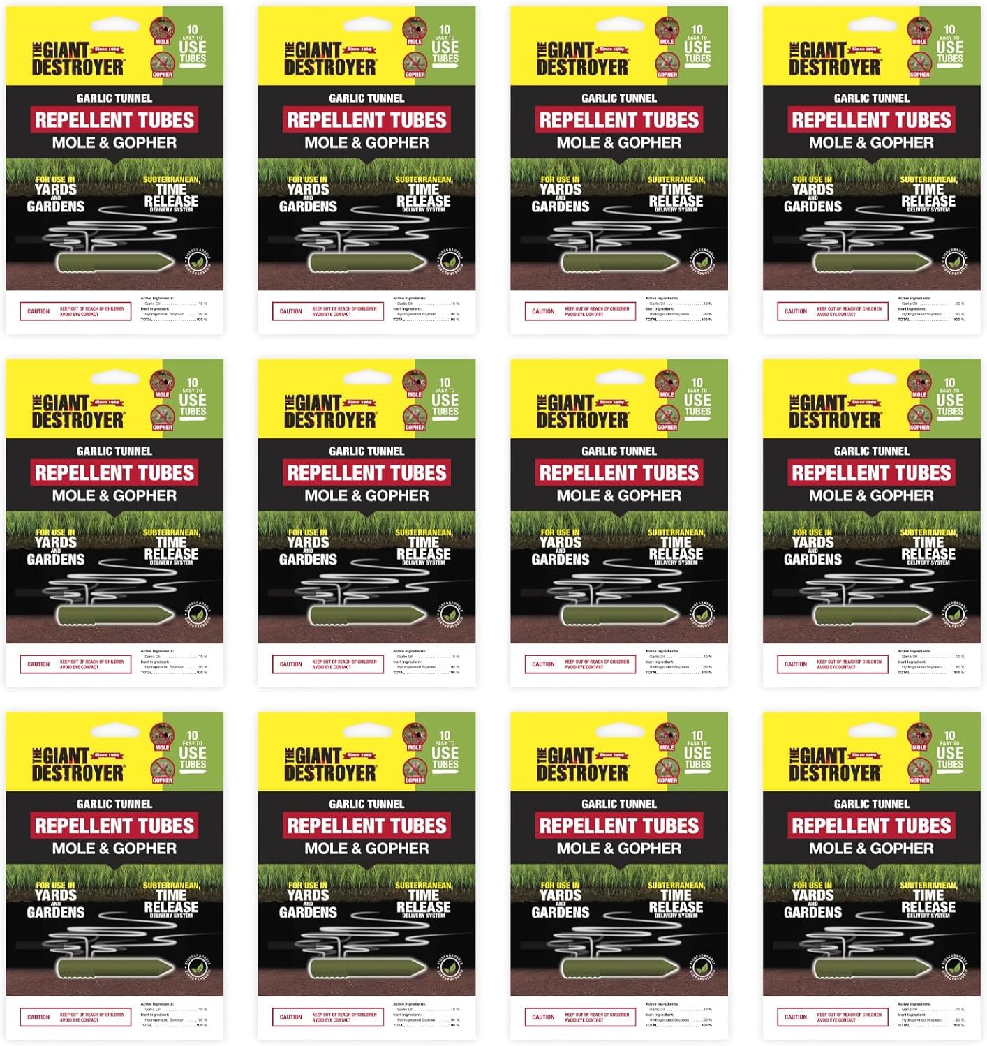 Garlic Tunnel Tubes Repels Moles, Gophers, Skunks and Other Burrowing Rodents in Yards, Gardens & Lawn Areas, 10-12 Months, Highly Concentrated Garlic Oil (120 Tubes)