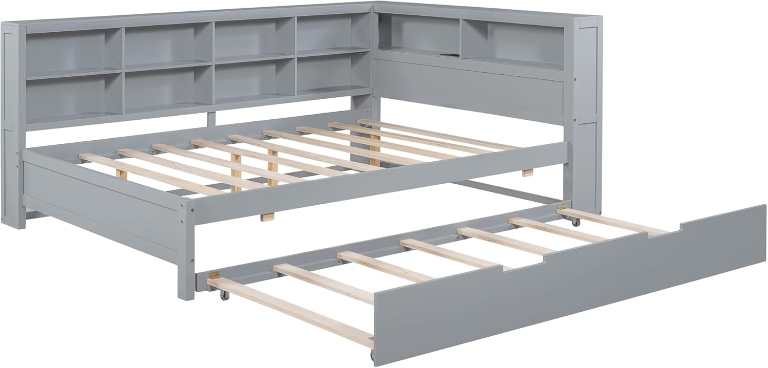 Wooden Twin Daybed with Trundle and Storage Shelf, Twin Size Daybed Frame with Charging Station, for Bedroom, Guest Room Grey (Product D)