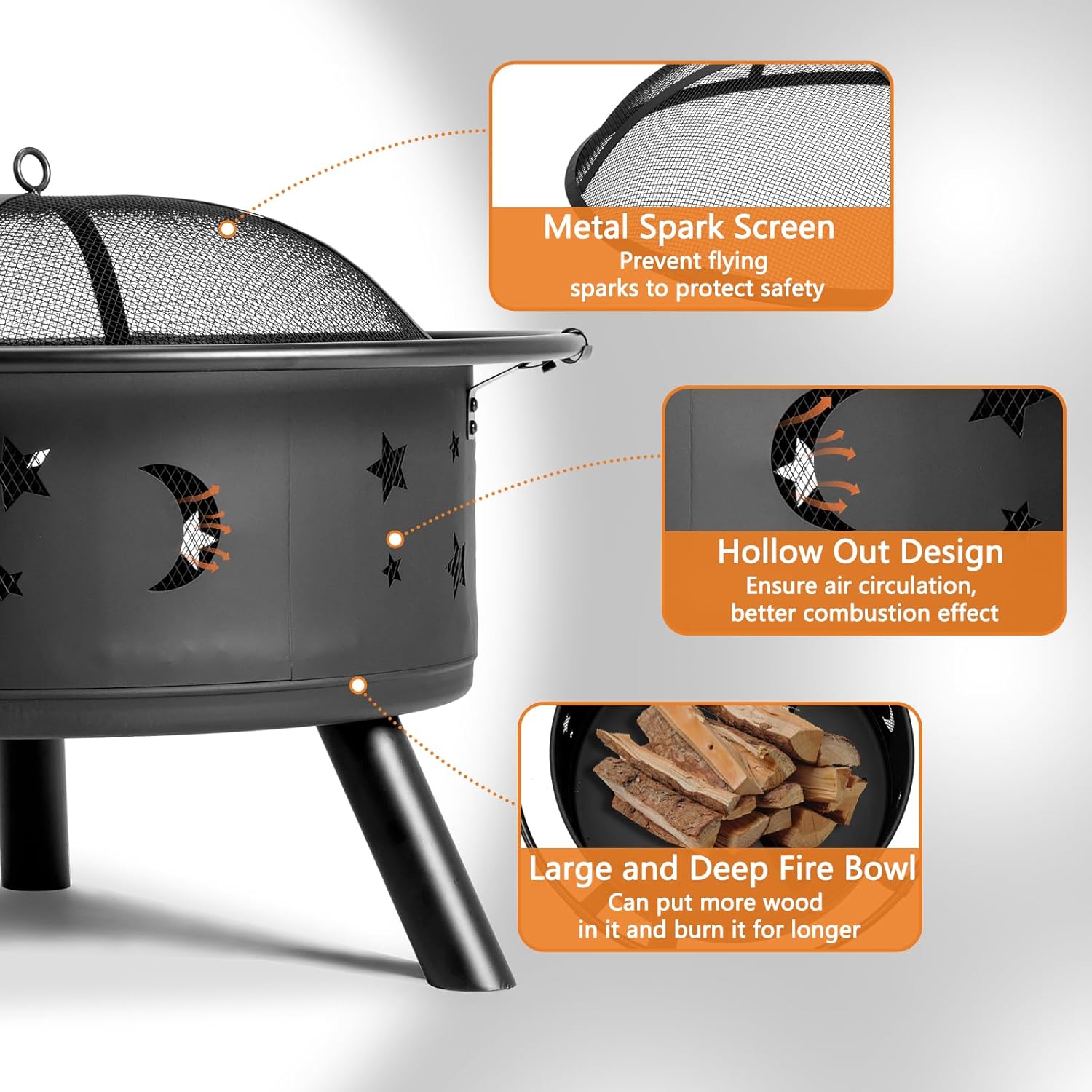 Zimtown 30 Inch Outdoor Fire Pit, Star and Moon Design, Small Wood Burning Firepit with Spark Screen, Mesh Cover, Fire Poker, Steel Bowl Brazier for Outside Patio Porch Deck Backyard Garden
