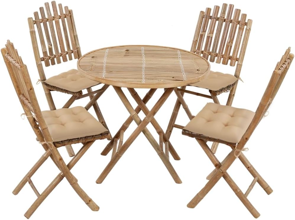 4-Piece Folding Patio Dining Set, Beige Bamboo & Polyester, Weather-Resistant Outdoor Table and Chairs, Space-Saving Balcony Furniture, Garden & Terrace Seating