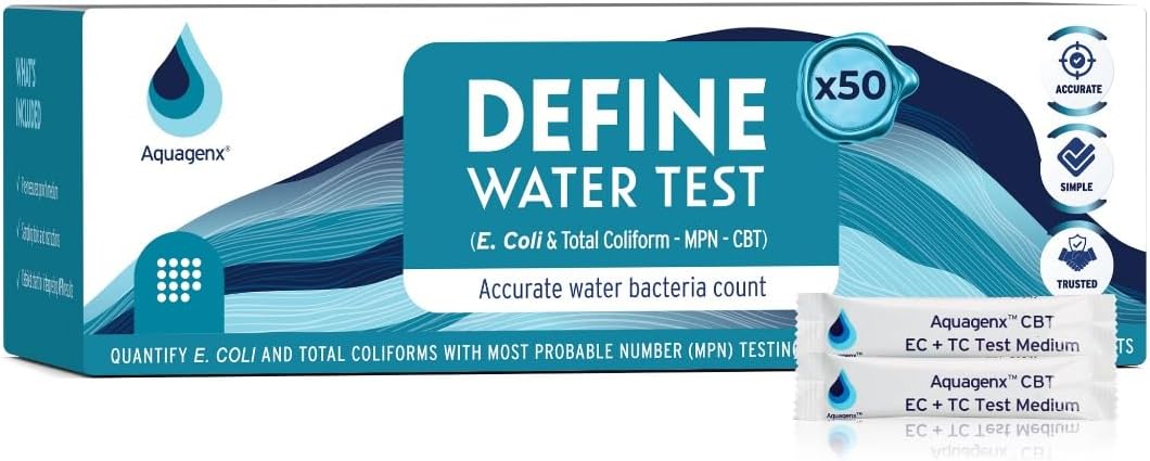 Define Water Test Kit - Detects Most Probable Number of E. coli & Total Coliform - No Lab Required - Home, Well, Tap & Freshwater Testing (50 Pack)
