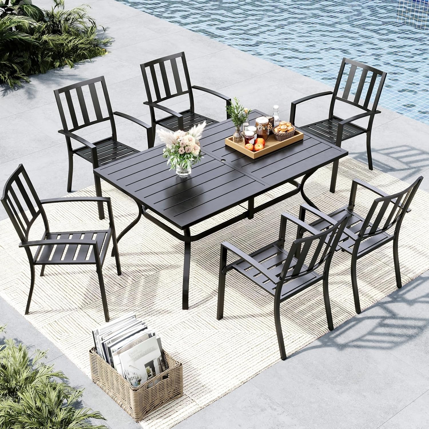 MFSTUDIO Outdoor Dining Set for 6, Patio Table and Chairs Set with Umbrella Hole, 7 Piece Metal Patio Furniture Set for Deck Backyard Poolside Garden