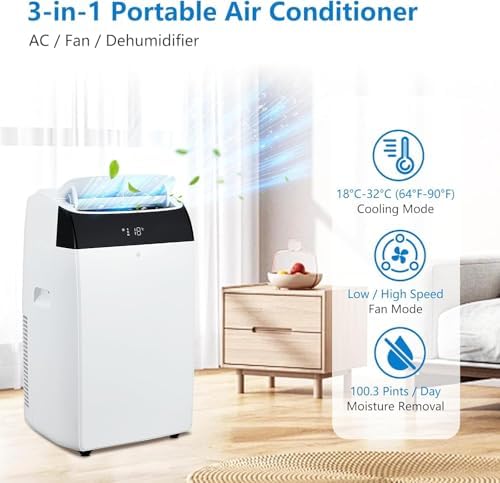 14,000 BTU Portable Air Conditioner Cools up to 750 Sq.Ft, 3 in-1 Quiet Portable AC Unit with Remote Control & Installation Kits for Large Room, 3 Speed, Auto Swing, 24H Timer