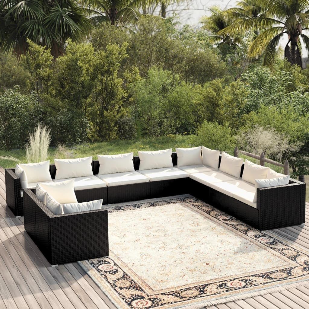 10 Piece Patio Lounge Set with Cushions Black Poly Rattan,Modular Poly Rattan Patio Lounge Set for Outdoor Leisure and Comfort Patio Furniture Sets, Outdoor Furniture Sets