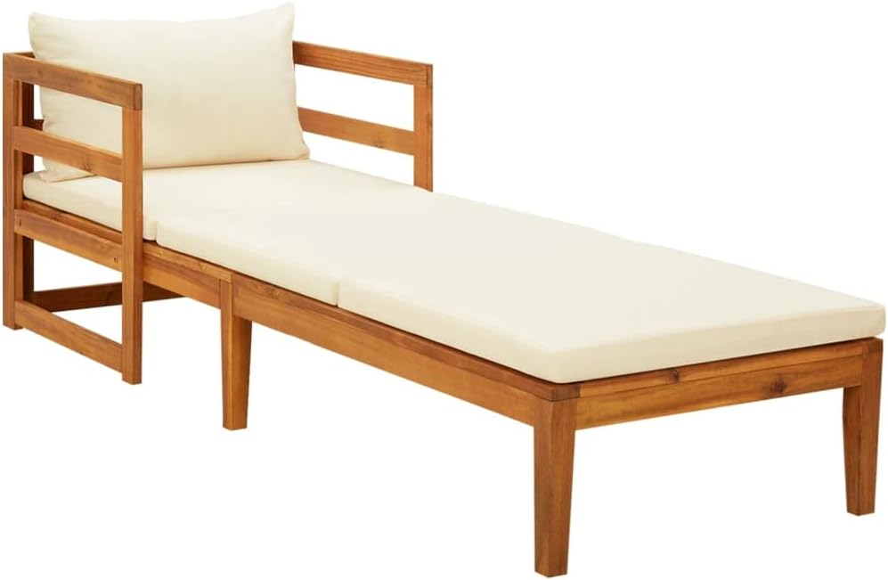 Sun Lounger with Cream White Cushions Solid Acacia Wood,Elegant Acacia Wood Patio Sun Lounger for Outdoor Comfort and Durability Patio Furniture Sets, Conversation Sets