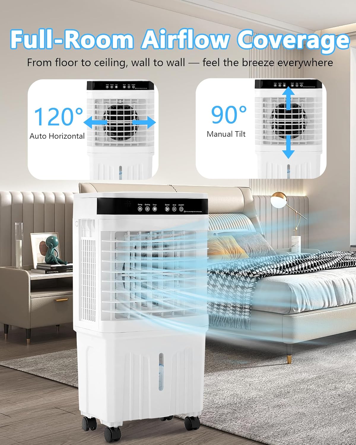 Portable Air Conditioner for Home Office Outdoor, Portable Evaporative Swamp Cooler with 3Gal Water Tank, 120°Oscillation Cooling Fan with Remote 2 Modes, 3 Speeds, 12H Timer & 4 Ice Packs