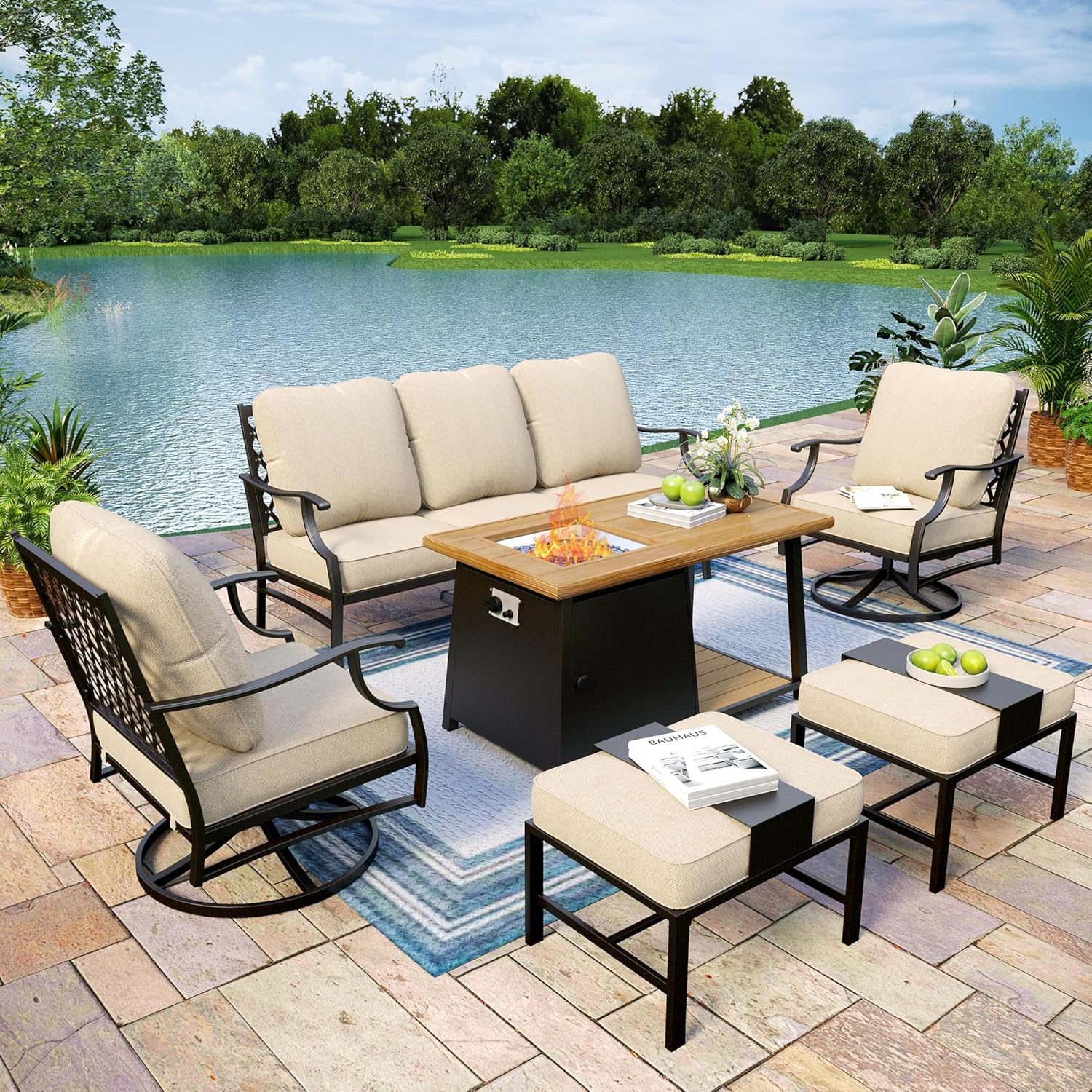 Patio Furniture Set with Firepit Table, 6 Pcs Metal Outdoor Conversation Set, 2 X Swivel Chairs, 1 X 3-Seater Sofa and 2 X Ottomans with 5.75