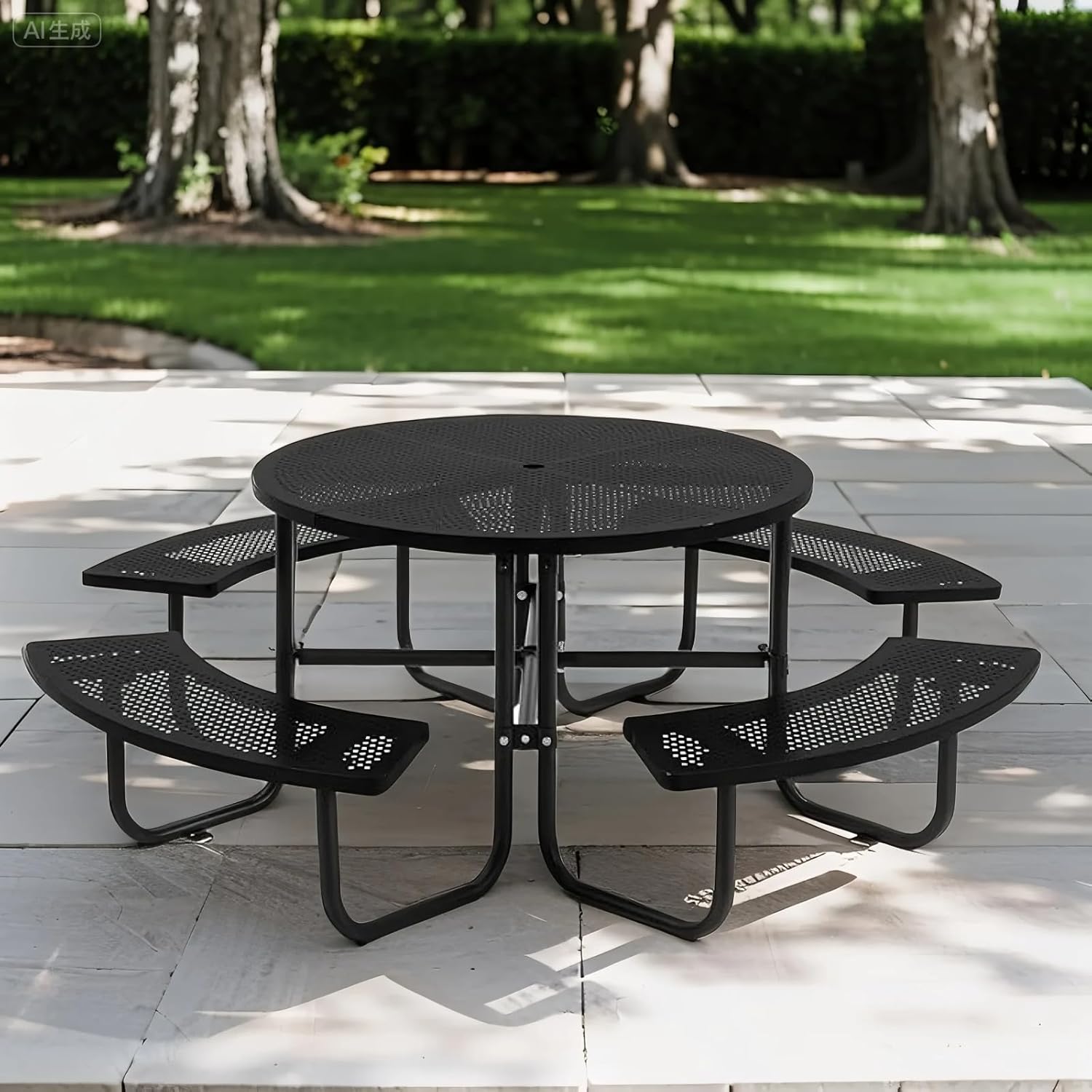 46'' Steel Round Picnic Table for Outdoors, Expanded, Lifetime Picnic Table with Umbrella Hole, Heavy Duty Sturdy Commercial Picnic Tables for Garden Courtyard BBQ, Black