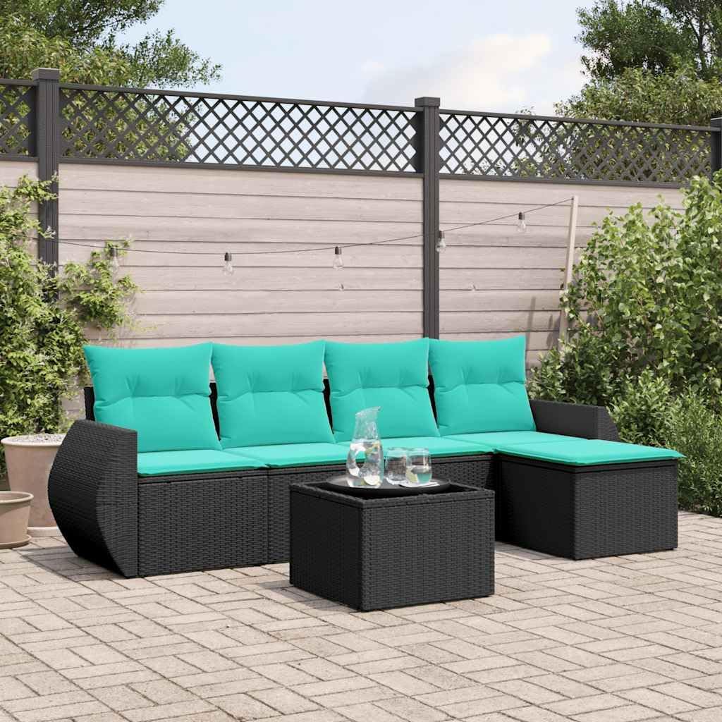 6 Piece Garden Sofa Set with Cushions, Black Poly Rattan Outdoor Patio Furniture, Modular Design for Backyard, Terrace
