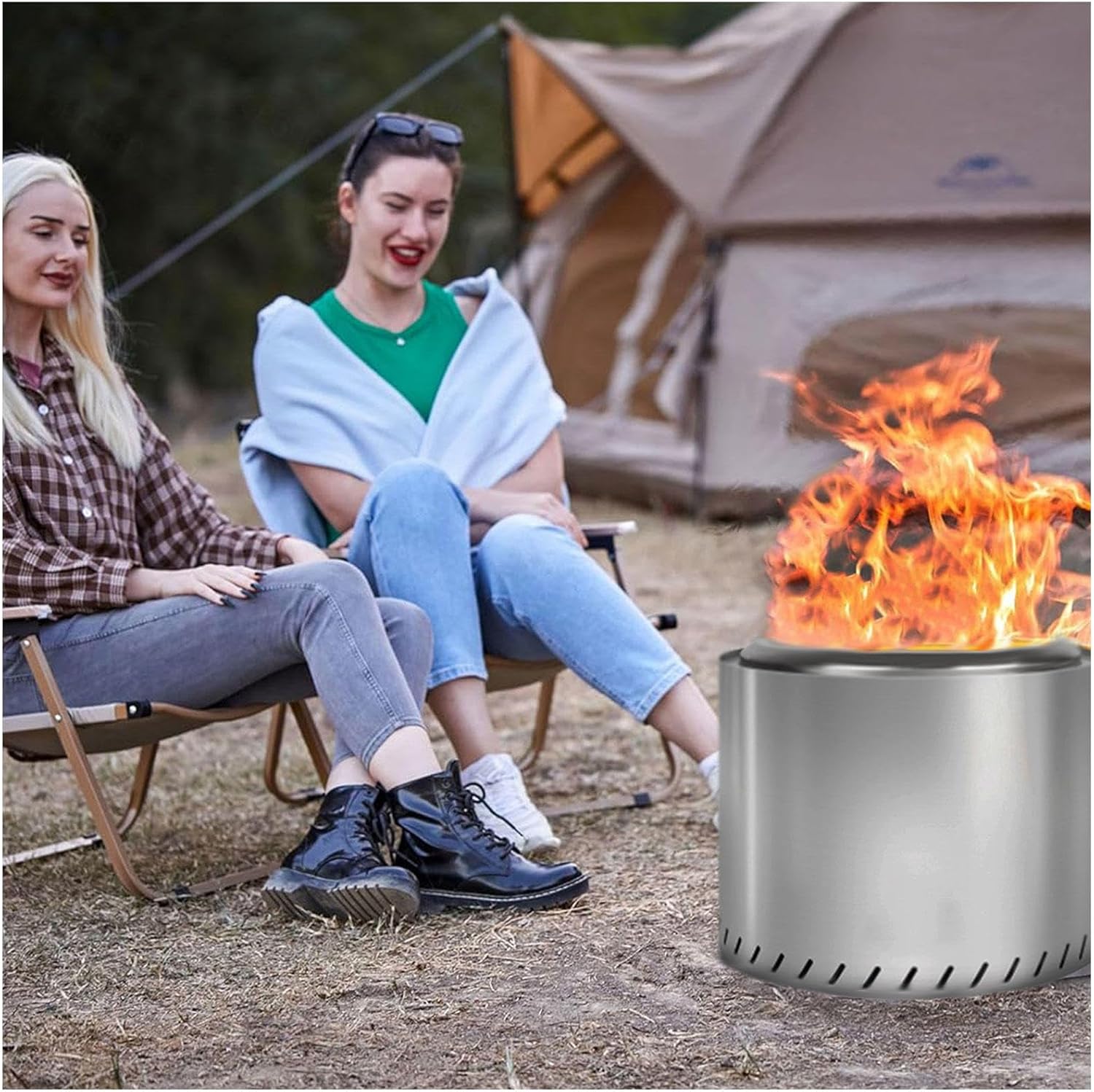 Smokeless Fire Pit 19.4 Inches Outside, Fire Pit Durable Stainless Steel for Wood Burning, Smokeless Fire Pit with Removable Ash Pan