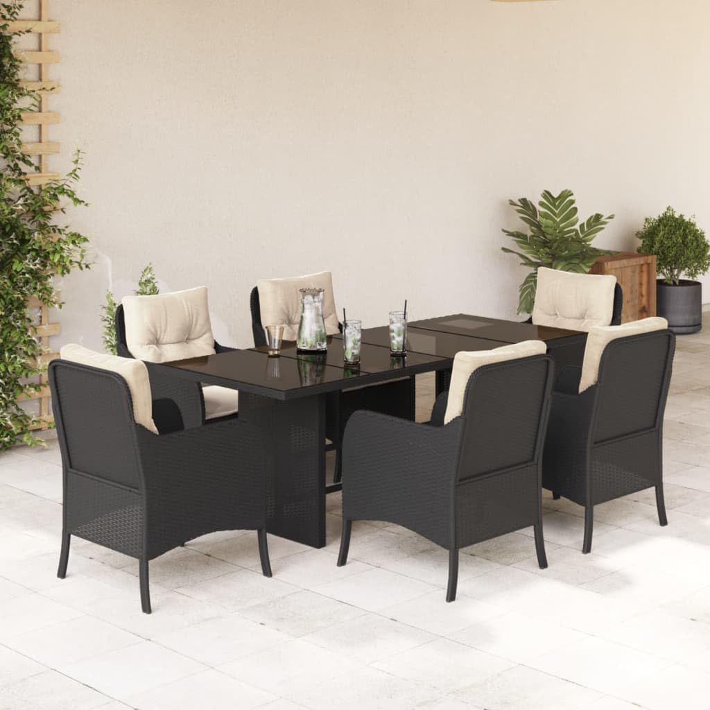 7 Piece Patio Dining Set with Cushions Black Poly Rattan,Outdoor Garden Dining Set withComfortable Cushions Durable Rattan and Tempered Glass Furniture Sets for Patio, Lawn & Garden