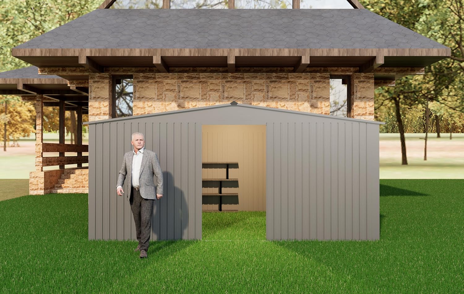 11x13 FT Outdoor Storage Shed,Metal Waterproof Tool House with Firewood Shed and 2 Integrated Punched Vents,2-in-1 Garden Storager Apex Roof Shelter w/Window & Door for Wood,Bicycles,Grey