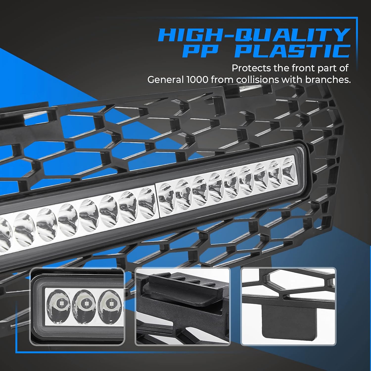 KEMIMOTO LED Grill Light Front Mesh Grille Compatible with Polaris General 1000/4 1000/ XP 1000/ XP4 1000 2016-2024 Grille Mesh with LED Light Bar Accessories