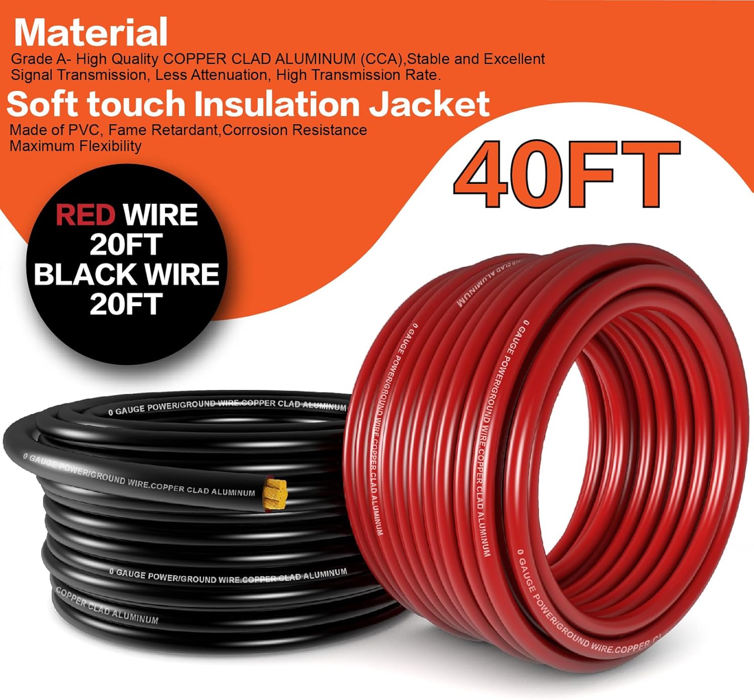 40FT 1/0 Gauge Wire Copper Clad Aluminum CAA,with 250A Circuit Breaker,20pcs Lugs Terminal Connectors and 3:1Heat Shrink Tube for Power/Auto,Amplifier,Ground Cable Trailer Wiring