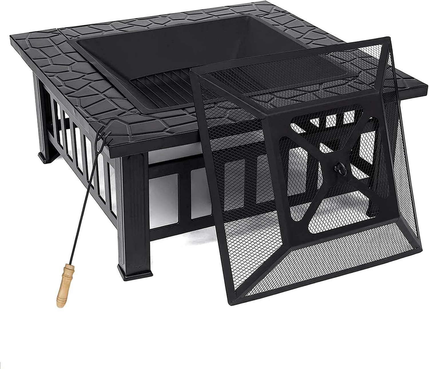 Fire Pit 32'' Wood Burning Firepit Metal Square Outdoor Fire Tables SteelFire Pit Bowl with Spark Screen Cover, Poker Log Grate for Patio Bonfire Camping Backyard Garden Picnic