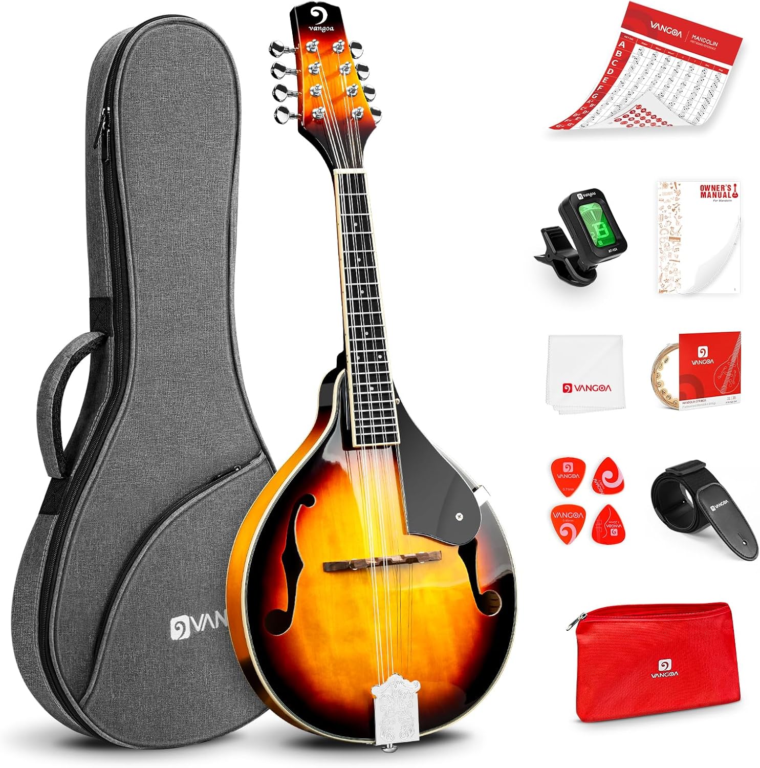 Vangoa Mandolin Musical Instrument A Style, Acoustic Mandolin Instrument Kit Italian 8 String for Professional Beginners Adults Teens Youth Kids, Sunburst, Glossy