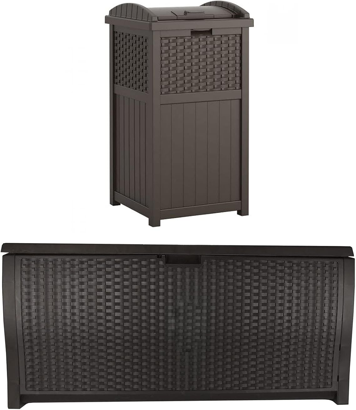Suncast 33 Gal Hideaway Plastic Outdoor Backyard Garbage Can with Secure Lid, Brown and 99 Gallon Resin Wicker Outdoor Patio Storage Deck Box, Mocha