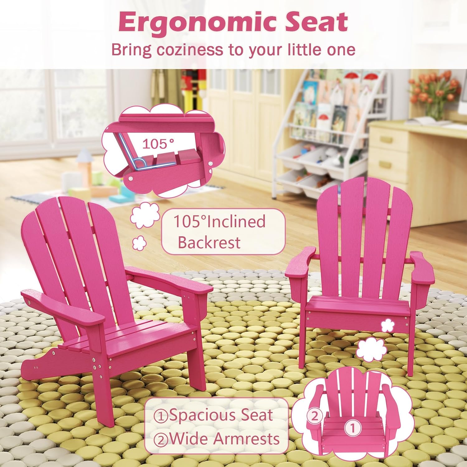 Costzon Kids Adirondack Chair, All-Weather HDPE Patio With High Backrest, Armrests, Fire Pit for Ages 3-8, Indoor Outdoor Lounge for Garden, Lawn, Yard (1,Pink)