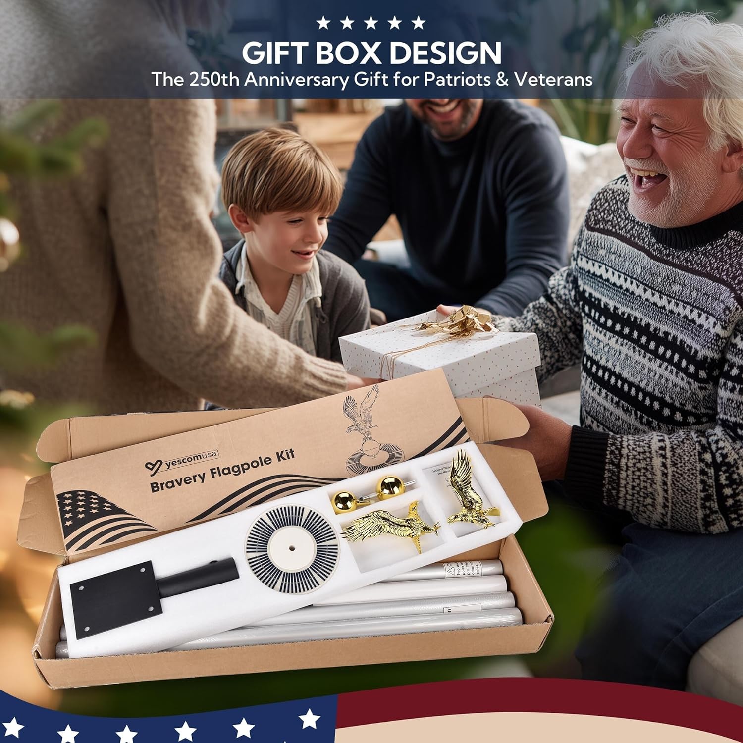 Yescom Bravery MEGA 25 Ft Flag Pole Kit with Solar Light & Deck Mount for Outside House 13 Gauge Heavy Duty Aluminum Sectional Inground Flagpole for High Wind Outdoor Patio Dock Side Silver