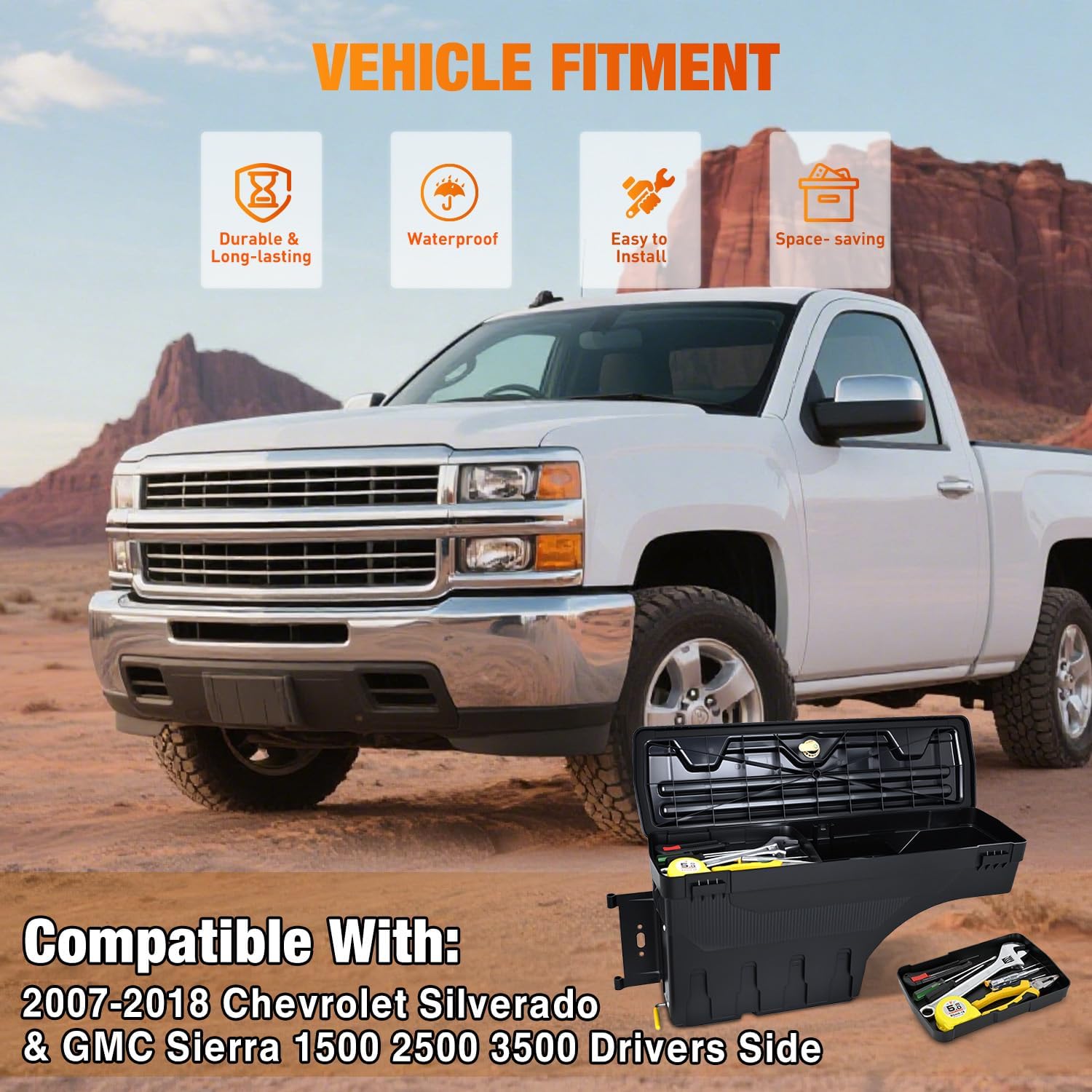 Nilight Truck Bed Tool Box Left Driver Side Truck Toolbox Fit for Chevrolet Silverado GMC Sierra 1500 2500 3500 2007-2018 Swing Case Truck Bed Storage Box w Lockable Lid Waterproof Wheel Well Toolbox