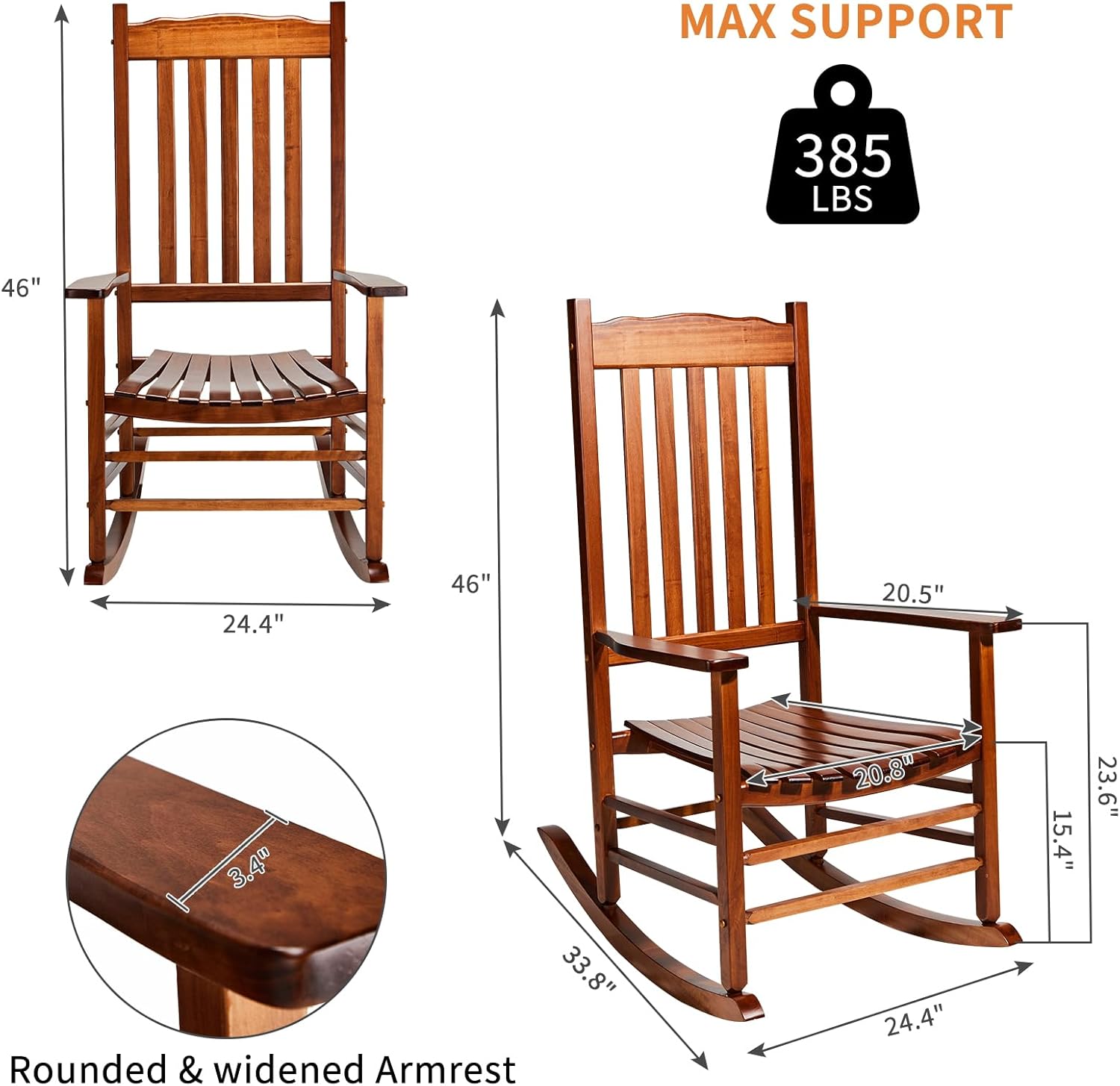 Outvita Outdoor Rocking Chair Set of 2, Solid Wood High Back Rocker, All Weather Lounge Chair for Porch Patio Fire Pit Garden Backyard Deck Indoor, Wave Shape, Natural