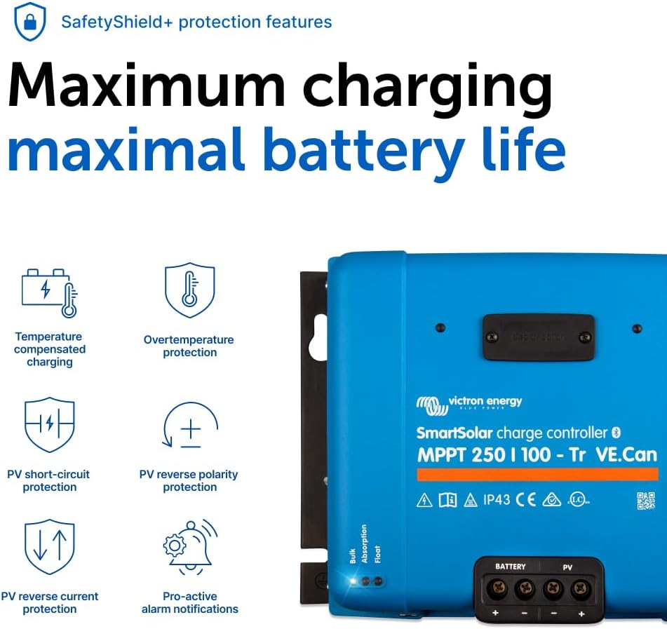 Victron Energy SmartSolar MPPT Tr VE.Can Solar Charge Controller (Bluetooth) - Charge Controllers for Solar Panels -250V, 100 amp, 12/24/36/48-Volt