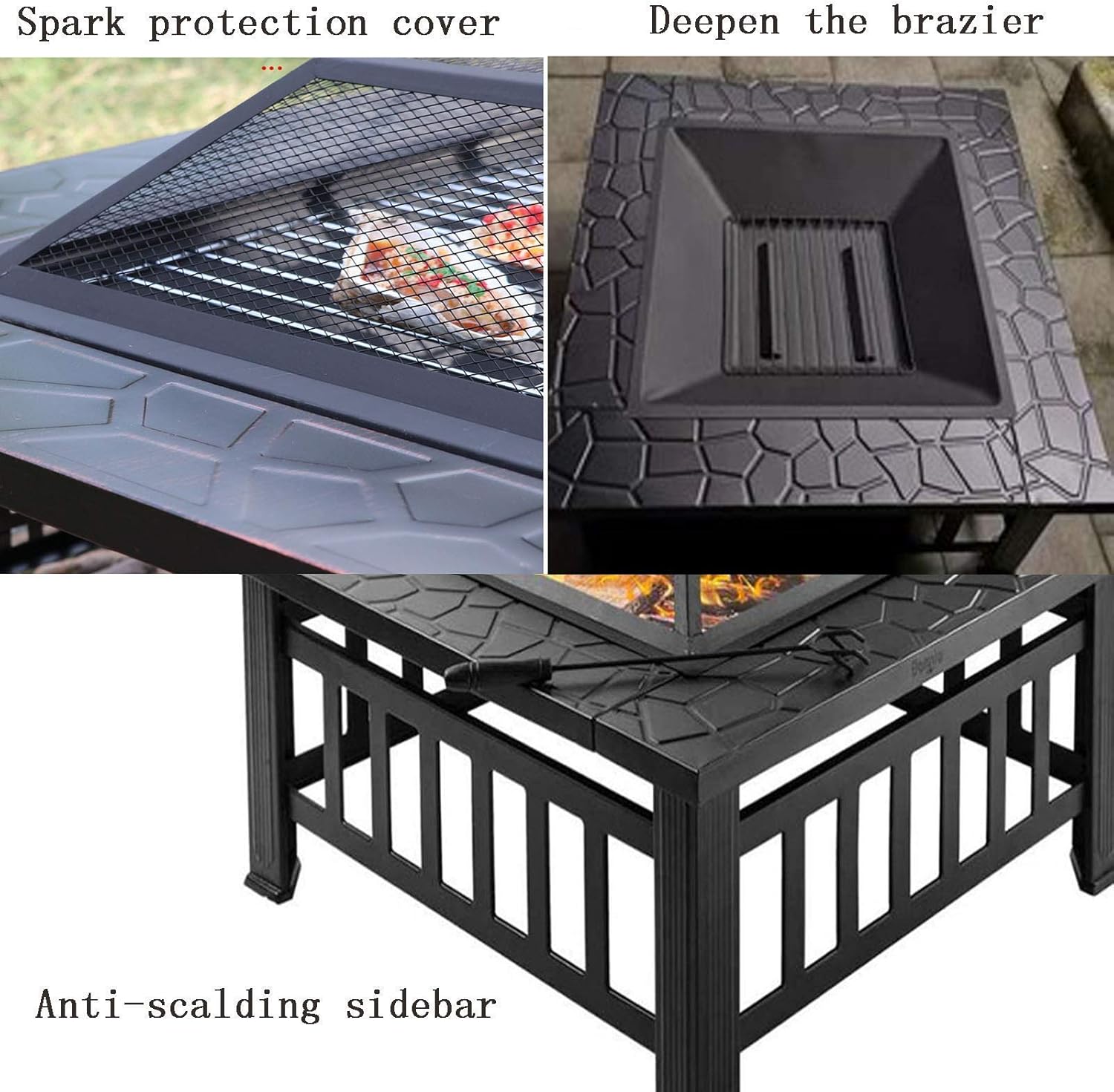 Garden Fire Pit Grill Bowl Grill Barbecue Rack Fire Pits with Grill BBQ 80cm Large Oxidised Cast Iron Wood Burning Log Burner Outdoor Firepits Firebowls Heater Tripod Brazier with Guard Lid