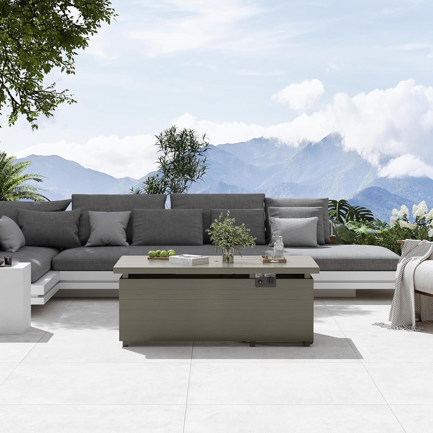 Sundale Outdoor 51 Inch Outdoor Fire Pit Table, 50,000BTU Rectangle Propane Fire Pit with Sliding Tank Holder, Glass Wind Guard, Dust Cover, Removable Lid, CSA Certified, Olive Green