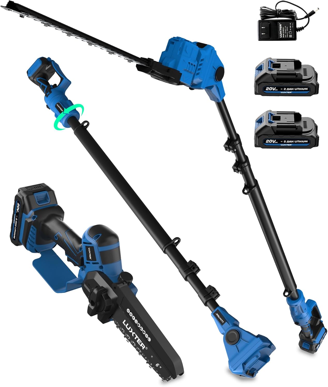 LUXTER 5-in-1 Cordless Pole Saw & Hedge Trimmer Brushless Electric Mini Chainsaw Auto Oiling 15-FT Max Reach Pole Saw for Tree Trimming Trimmer Limb Branch Cutter 2 X 2.0Ah Battery & Charger Include