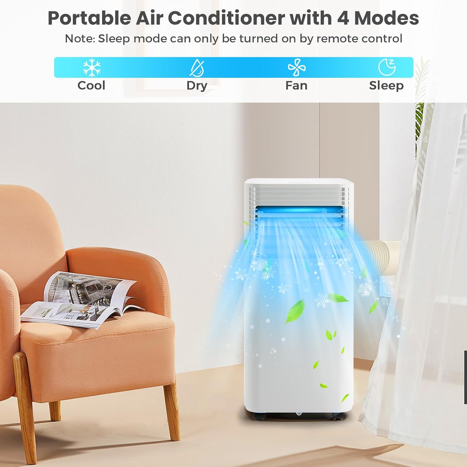 KOTEK Portable Air Conditioners, Air Conditioner for Rooms up to 350 Sq Ft, Ac Unit with Remote Control, 2 Speeds, 4 Modes, 24H Timer & Window Installation Kit for Home/Office/Dorms (White, 10000 BTU)