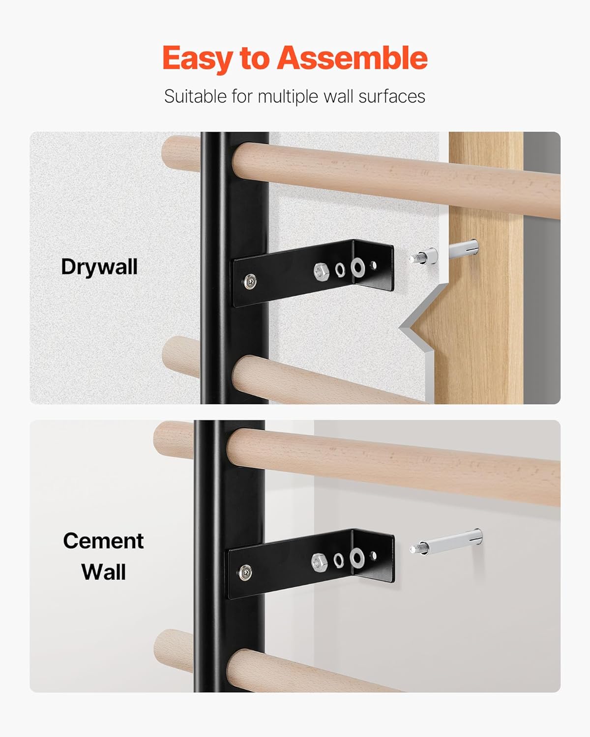 VEVOR Swedish Ladder Wall Gym, 9-Level Swedish Ladder Suspension Trainer, 330LBS Loading Solid Wood + Carbon Steel Gymnastics Stall Bars for Adult, Compatible with 3.15