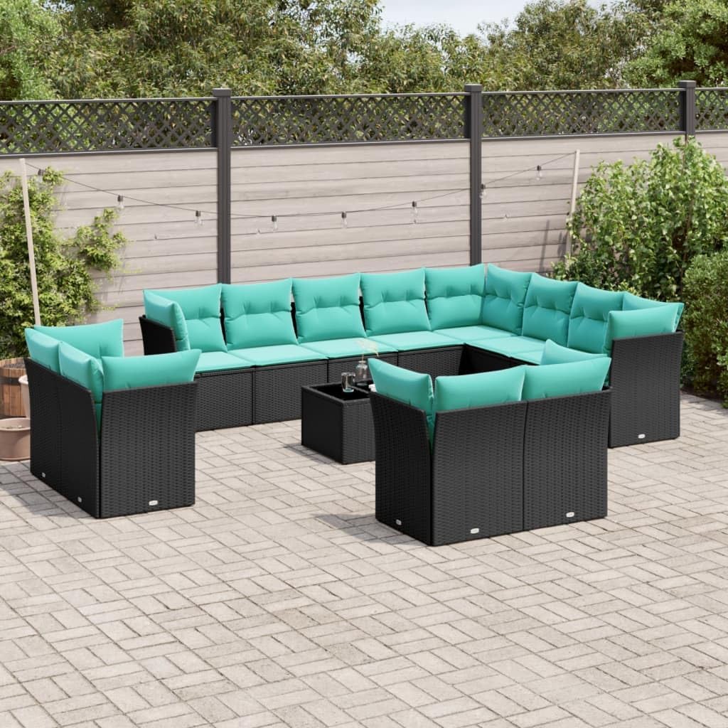 13 Piece Patio Sofa Set with Cushions, Black Poly Rattan Outdoor Furniture, Modular Garden Seating with Tempered Glass Table, UV-Proof