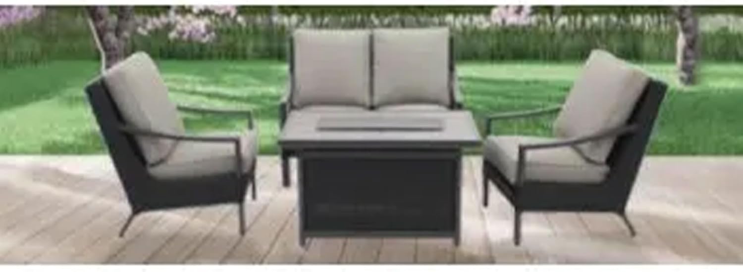 Four Seasons Courtyard Wilmette Aluminum Firepit Woven Wicker with Grouted Stone Tile Top and Rectangular Framing for Patio, Lawn, and Garden Use