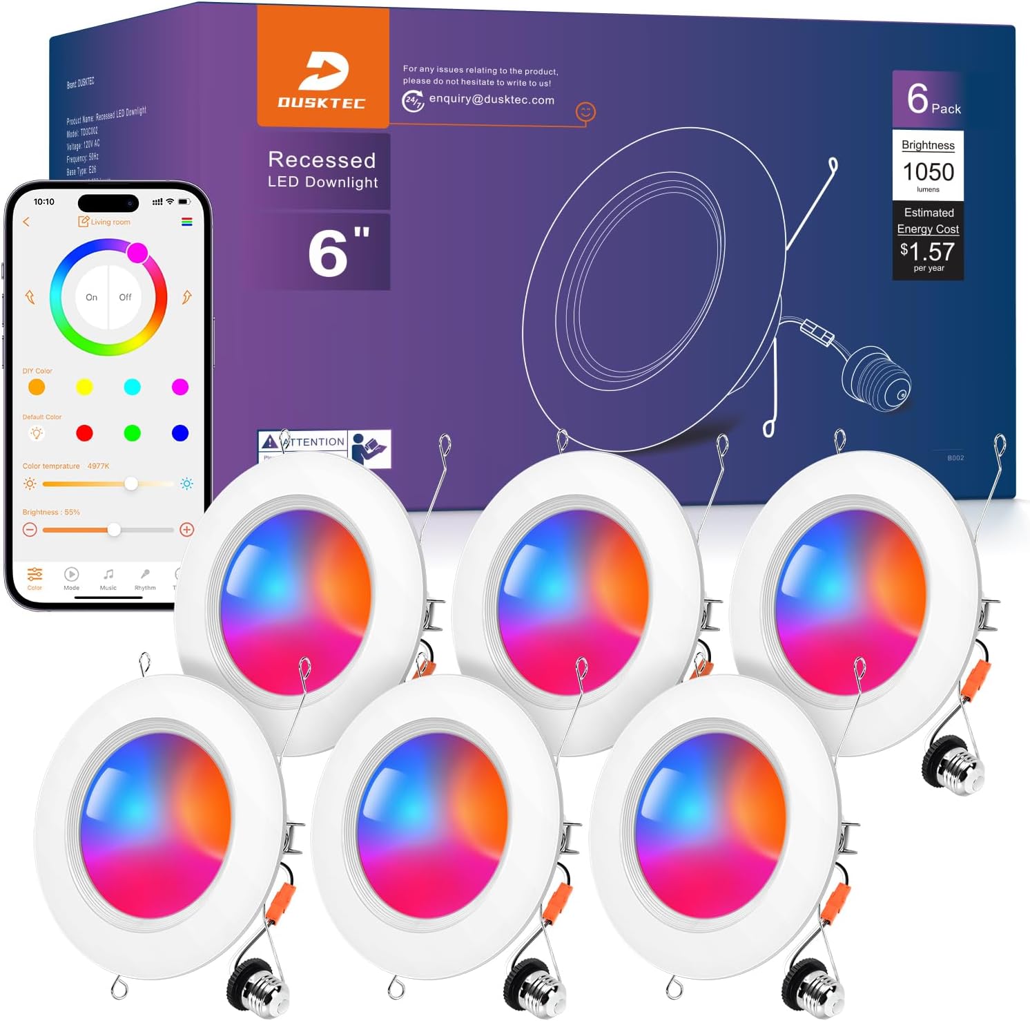 DUSKTEC Smart Recessed Lighting 6 Inch - RGBCW Color Changing LED 13W Can Light Retrofit Recessed Lights 1050 Lumen Dimmable Recess Light Compatible with Alexa & APP Recess Ceiling Lights 6 Pack