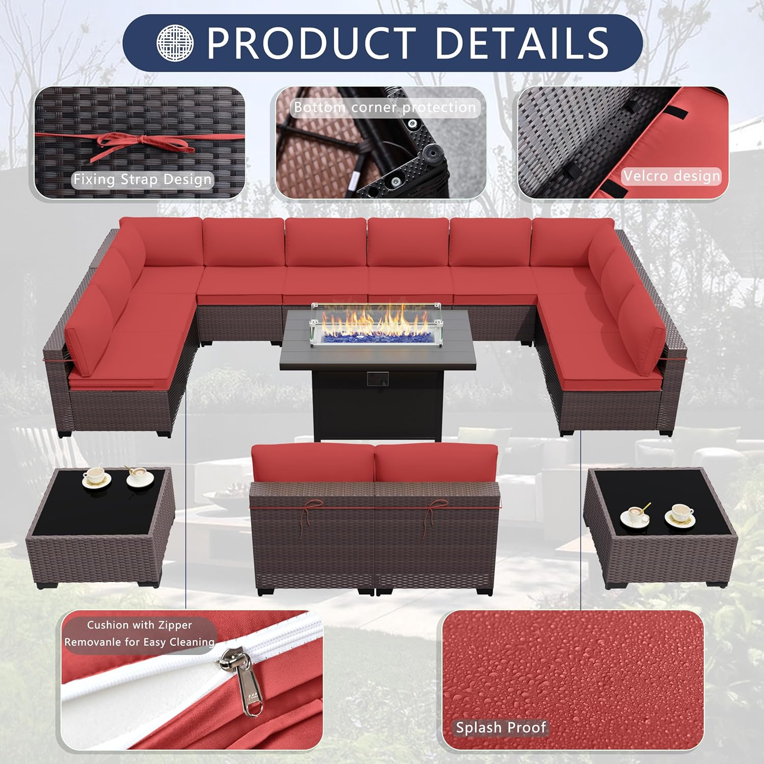 Outdoor Terrace Furniture Set, 15 Piece Outdoor Furniture Set, with 43 inch Aluminum 55002 BTU Propane fire Pit, PE Willow Vine Terrace Dialogue Set - Red.