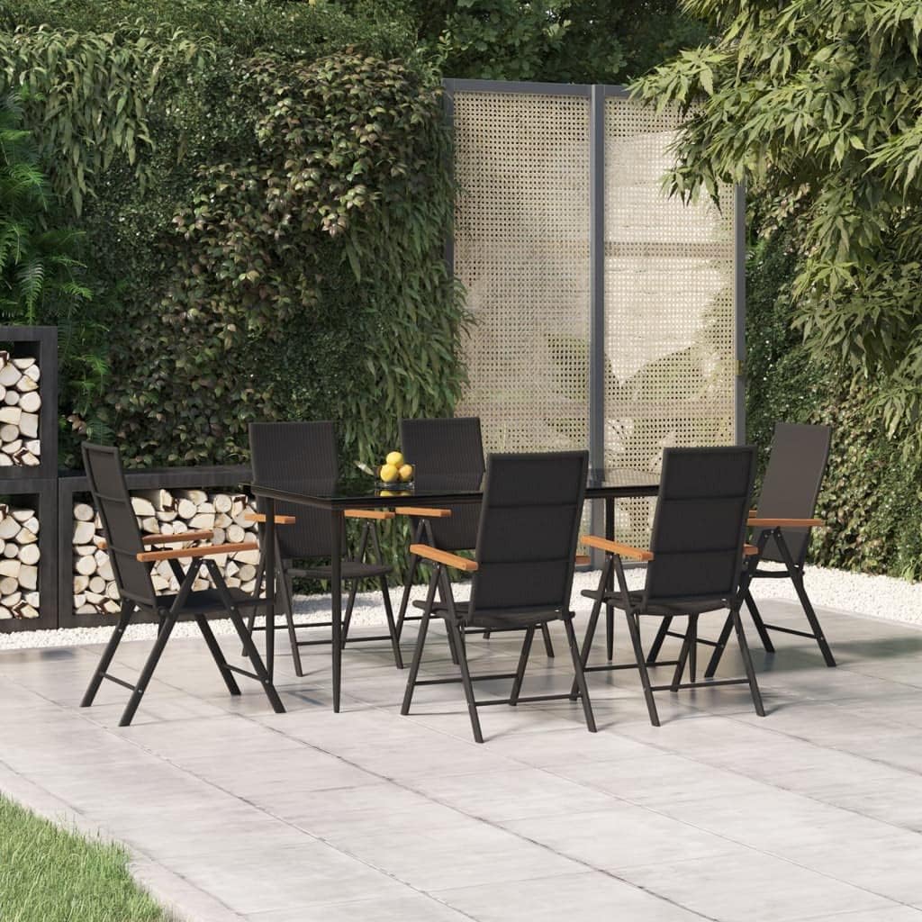 7 Piece Patio Dining Set Black and Brown Poly Rattan,Outdoor Patio Dining Set with Reclining Foldable Chairs and WeatherResistant Construction Furniture Sets for Patio, Lawn & Garden