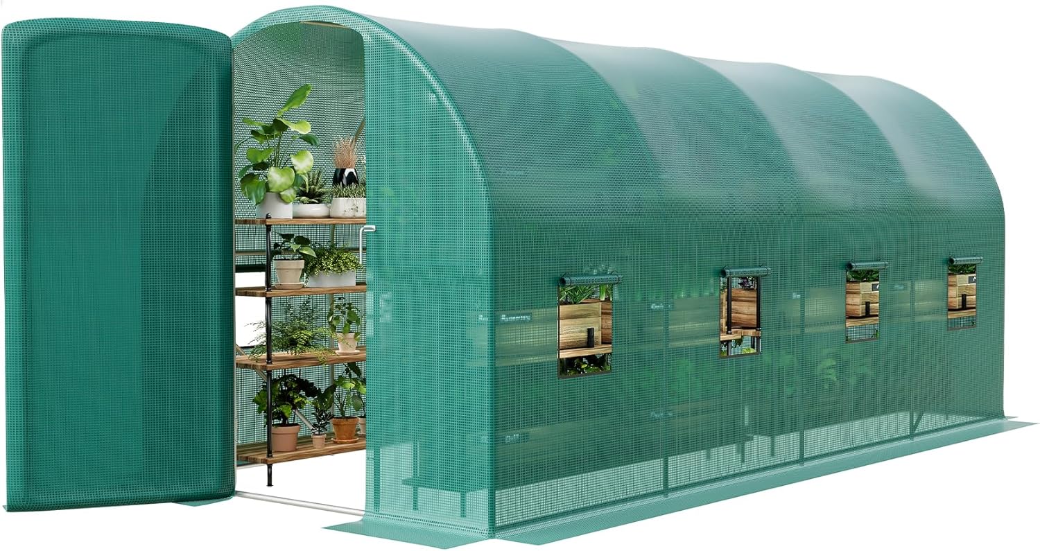 15 x 6.5 FT Large Outdoor Greenhouse - Walk in Plant Growth House with Mesh Windows, Durable PE Cover, Galvanized Steel Frame, Plant Garden House for Planting, Gardening - Swing Door
