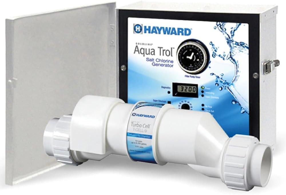 Hayward W3AQ-TROL-HP-TL AquaTrol Salt Chlorination System for Above-Ground Pools up to 18,000 Gallons with Hose/Pipe Fittings, Twist Lock Line Cord and Outlet